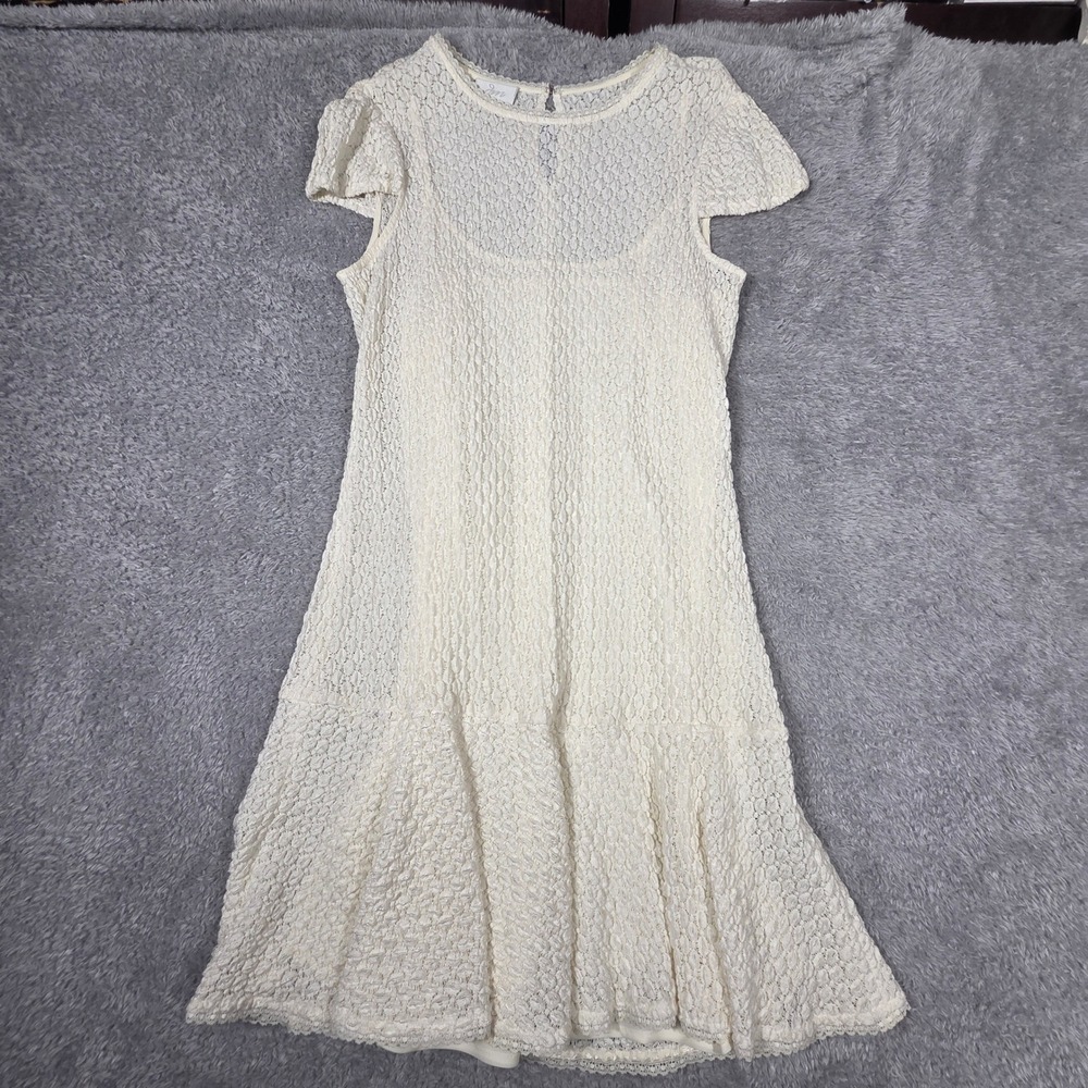 Donna Morgan Lace Dress Women 12 Ivory Excellent Drop Waist Short Sleeve Wedding